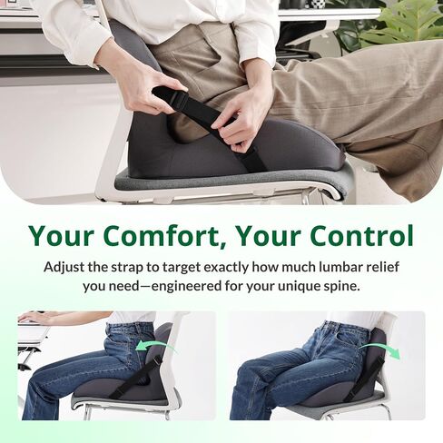 One-Piece Memory Foam Seat & Back Cushion - Lumbar Support, Adjustable Strap, Non-Slip Bottom - Breathable Removable Cover for Office Chair, Car, Truck (Grey) in Kuwait