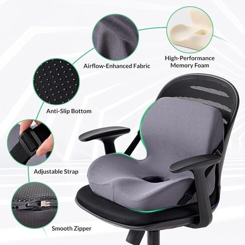 One-Piece Memory Foam Seat & Back Cushion - Lumbar Support, Adjustable Strap, Non-Slip Bottom - Breathable Removable Cover for Office Chair, Car, Truck (Grey) in Kuwait