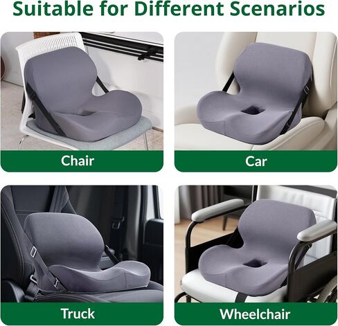 One-Piece Memory Foam Seat & Back Cushion - Lumbar Support, Adjustable Strap, Non-Slip Bottom - Breathable Removable Cover for Office Chair, Car, Truck (Grey) in Kuwait