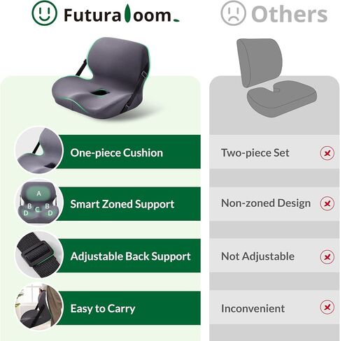 One-Piece Memory Foam Seat & Back Cushion - Lumbar Support, Adjustable Strap, Non-Slip Bottom - Breathable Removable Cover for Office Chair, Car, Truck (Grey) in Kuwait