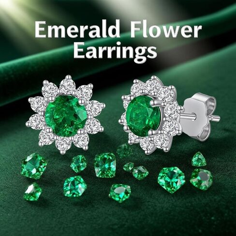 Gnteey Laboratory Grown Emerald Stud Earrings 925 Sterling Silver 6.5x6.5 mm Round Cut Emerald Push Backs Earrings for Women in Kuwait