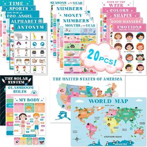 OpalPlat 20pcs Laminated Educational Posters For Toddlers, Preschool Posters for Classroom, Kindergarten Wall Decor, PreK Learning Materials Alphabet Number Chart in Saudi Arabia