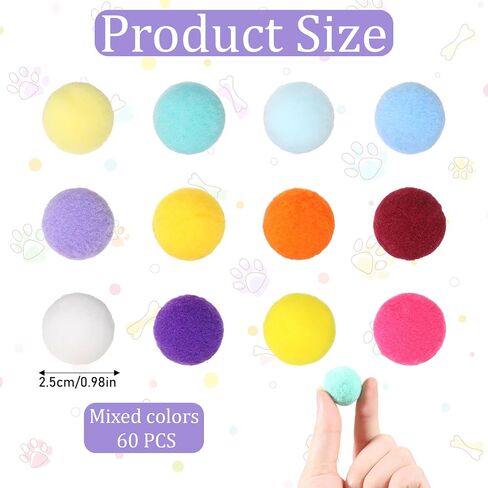 60 PCS Cat Toy Balls 1-inch 1-inch Cat Pom Pom Balls Soft Soft Interactive Cat Cat Play Toy Cat Toys Toys Cats Interactive Play Head Ball Fuzzy Ball for Cat Pet in Kuwait