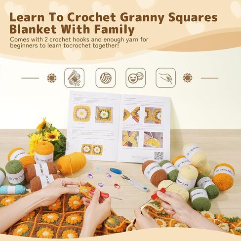 Blanket Crochet Kit for Beginners, Granny Squares Crochet Blanket Kit with Soft Yarns, Detailed Instructions & Step-by-Step Tutorials, Easy Knitting Kit for Beginner Craft Gift(Brown Sunflower) in Kuwait