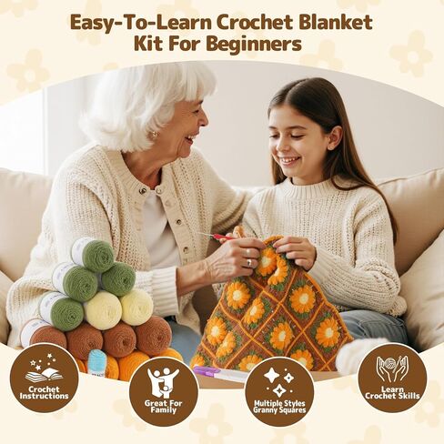 Blanket Crochet Kit for Beginners, Granny Squares Crochet Blanket Kit with Soft Yarns, Detailed Instructions & Step-by-Step Tutorials, Easy Knitting Kit for Beginner Craft Gift(Brown Sunflower) in Kuwait