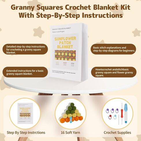 Blanket Crochet Kit for Beginners, Granny Squares Crochet Blanket Kit with Soft Yarns, Detailed Instructions & Step-by-Step Tutorials, Easy Knitting Kit for Beginner Craft Gift(Brown Sunflower) in Kuwait