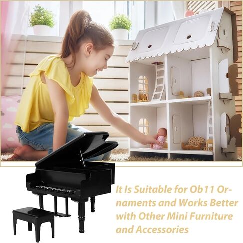 1/12 Miniature Grand Piano Realistic Mini Black Grand Piano and Stool Set PP Material for Dollhouse Decor Musical Miniature Accessory Artificial House Furniture Accessories in Saudi Arabia
