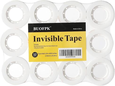 شريط غير مرئي ، 12 Rolls Tape تعبئة بالقيام ، شريط قابل للكتابة 3/4 × 1000 بوصة ، شريط شفاف غير لامع لموزع ، لوازم المنزل المكتبي المدرسي لوضع علامات على هدايا ، حرفة in Saudi Arabia