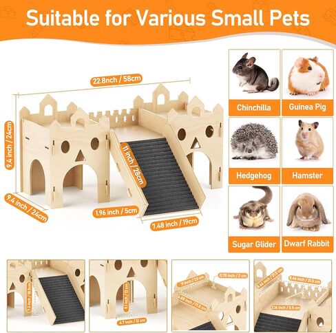 منزل مخبأ خنزير غينيا ، منزل هامستر خشبي متقدم مع سلم تسلق ومواعيد متعددة ، لعبة برج قلعة الأرنب لخنزير غينيا شينشلا جيربيل القنفذ الصغير للحيوانات البيت كوخ كوخ in Kuwait
