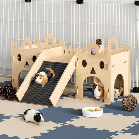 منزل مخبأ خنزير غينيا ، منزل هامستر خشبي متقدم مع سلم تسلق ومواعيد متعددة ، لعبة برج قلعة الأرنب لخنزير غينيا شينشلا جيربيل القنفذ الصغير للحيوانات البيت كوخ كوخ in Kuwait