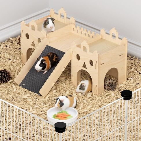منزل مخبأ خنزير غينيا ، منزل هامستر خشبي متقدم مع سلم تسلق ومواعيد متعددة ، لعبة برج قلعة الأرنب لخنزير غينيا شينشلا جيربيل القنفذ الصغير للحيوانات البيت كوخ كوخ in Kuwait