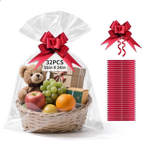 Tuxiya 32 PCS أكياس السيلوفان الكبيرة ، 16 × 24 بوصة من السيلوفان لالتفاف لسلال الهدايا ، حقيبة سلة صافية مع أقواس سحب حمراء 32 قطعة in Kuwait