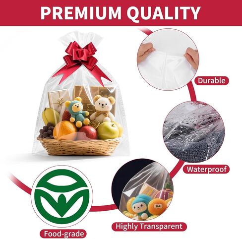 Tuxiya 32 PCS أكياس السيلوفان الكبيرة ، 16 × 24 بوصة من السيلوفان لالتفاف لسلال الهدايا ، حقيبة سلة صافية مع أقواس سحب حمراء 32 قطعة in Kuwait