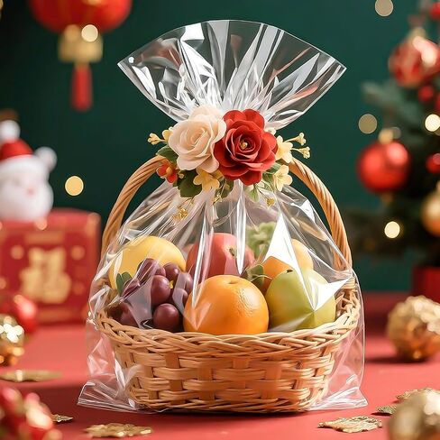 Tuxiya 32 PCS أكياس السيلوفان الكبيرة ، 16 × 24 بوصة من السيلوفان لالتفاف لسلال الهدايا ، حقيبة سلة صافية مع أقواس سحب حمراء 32 قطعة in Kuwait