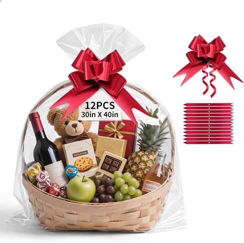 Tuxiya 32 PCS أكياس السيلوفان الكبيرة ، 16 × 24 بوصة من السيلوفان لالتفاف لسلال الهدايا ، حقيبة سلة صافية مع أقواس سحب حمراء 32 قطعة in Kuwait