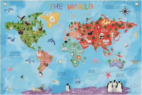 Fun Cartoon Animal World Map Canvas Banner Vibrant Animal Nature Illustrations, Educational Geography Decor Banner for Classroom or Playroom Educational Wall Decor 20x30inch in Saudi Arabia