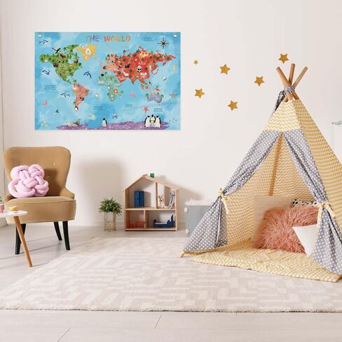 Fun Cartoon Animal World Map Canvas Banner Vibrant Animal Nature Illustrations, Educational Geography Decor Banner for Classroom or Playroom Educational Wall Decor 20x30inch in Saudi Arabia