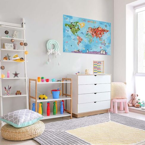 Fun Cartoon Animal World Map Canvas Banner Vibrant Animal Nature Illustrations, Educational Geography Decor Banner for Classroom or Playroom Educational Wall Decor 20x30inch in Saudi Arabia