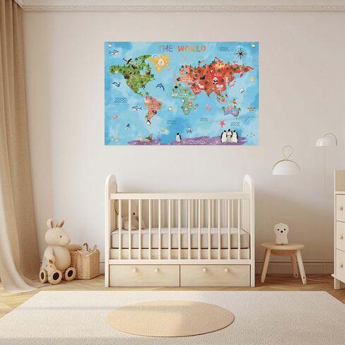 Fun Cartoon Animal World Map Canvas Banner Vibrant Animal Nature Illustrations, Educational Geography Decor Banner for Classroom or Playroom Educational Wall Decor 20x30inch in Saudi Arabia