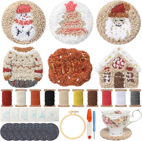 Mindsoft 6 PCS Christmas Punch Coaster Coaster Kit Xmas Tree Tree Snowman Punch Edele Edele Terbroidery Buch مع 6 أنماط أداة خيوط لزجة تعليمات تطريز طعن للمبتدئين في لوازم Craft Craft للبالغين in Kuwait