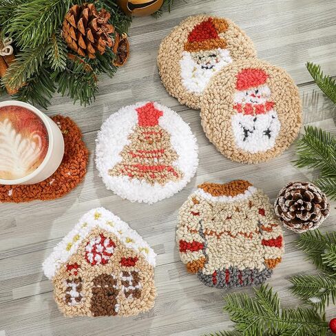 Mindsoft 6 PCS Christmas Punch Coaster Coaster Kit Xmas Tree Tree Snowman Punch Edele Edele Terbroidery Buch مع 6 أنماط أداة خيوط لزجة تعليمات تطريز طعن للمبتدئين في لوازم Craft Craft للبالغين in Kuwait