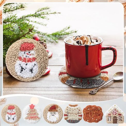 Mindsoft 6 PCS Christmas Punch Coaster Coaster Kit Xmas Tree Tree Snowman Punch Edele Edele Terbroidery Buch مع 6 أنماط أداة خيوط لزجة تعليمات تطريز طعن للمبتدئين في لوازم Craft Craft للبالغين in Kuwait