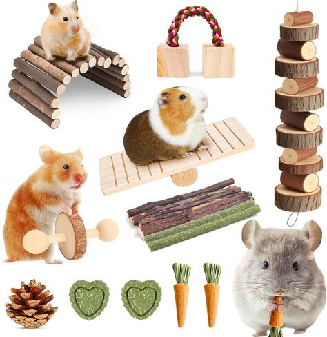 18 PCS Hamster Chew Toys Set ، Natural Apple Wood Guinea Pig Toys ، وملحقات قفص الهامستر تشمل الجسر ، والأرجح ، والجزر ، وتيموثي Straw Stick Care for Rat Gerbil Chinchilla Rabbits in Kuwait