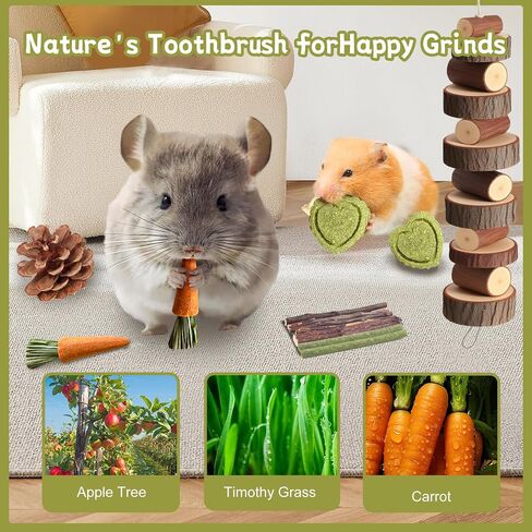 18 PCS Hamster Chew Toys Set ، Natural Apple Wood Guinea Pig Toys ، وملحقات قفص الهامستر تشمل الجسر ، والأرجح ، والجزر ، وتيموثي Straw Stick Care for Rat Gerbil Chinchilla Rabbits in Kuwait
