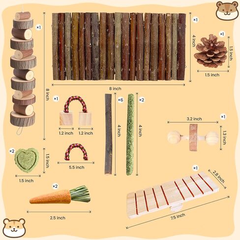 18 PCS Hamster Chew Toys Set ، Natural Apple Wood Guinea Pig Toys ، وملحقات قفص الهامستر تشمل الجسر ، والأرجح ، والجزر ، وتيموثي Straw Stick Care for Rat Gerbil Chinchilla Rabbits in Kuwait