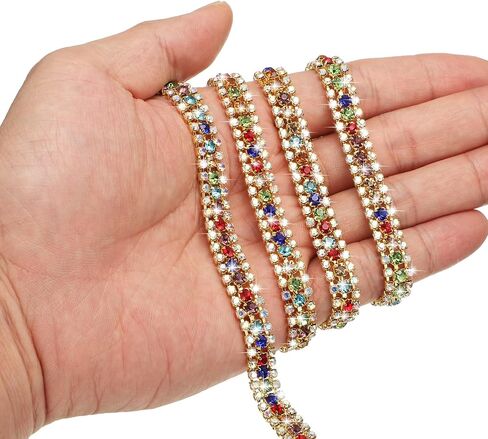 uxcell 1 Yard 3 Rows Crystal Rhinestone Close Chain Trim, Crystal Rhinestone Diamond Strips Rhinestone Bling Sewing Embellishments (9mm, AB and Dark Green Rhinestone with Gold Base) in Saudi Arabia