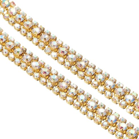 uxcell 1 Yard 3 Rows Crystal Rhinestone Close Chain Trim, Crystal Rhinestone Diamond Strips Rhinestone Bling Sewing Embellishments (9mm, AB and Dark Green Rhinestone with Gold Base) in Saudi Arabia