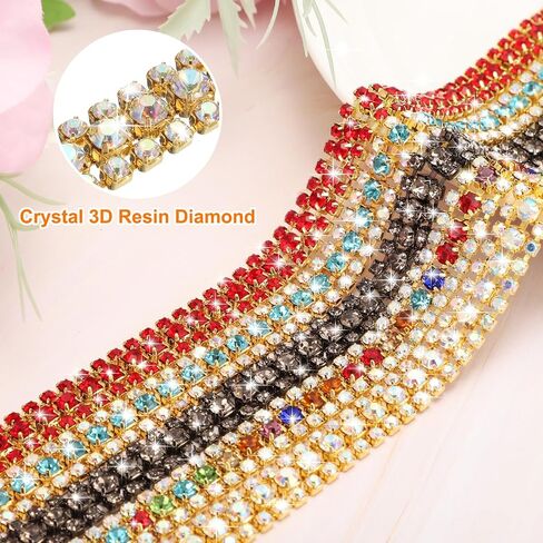 uxcell 1 Yard 3 Rows Crystal Rhinestone Close Chain Trim, Crystal Rhinestone Diamond Strips Rhinestone Bling Sewing Embellishments (9mm, AB and Dark Green Rhinestone with Gold Base) in Saudi Arabia