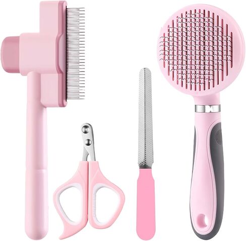Cat Grooming Kit, 4-in-1 Cat Grooming Tools with Cats Brush, Flea Comb, Nail Clipper & Trimmer - Deshedding & Dematting for Pets Hair and Paws, Pet Shedding Set for Indoor Dogs & Cats (Pink) in Kuwait