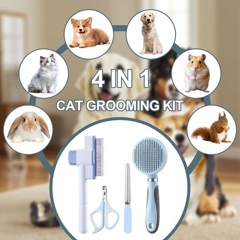 Cat Grooming Kit, 4-in-1 Cat Grooming Tools with Cats Brush, Flea Comb, Nail Clipper & Trimmer - Deshedding & Dematting for Pets Hair and Paws, Pet Shedding Set for Indoor Dogs & Cats (Pink) in Kuwait