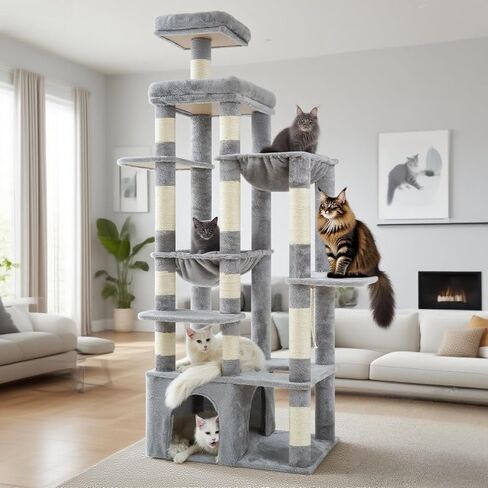 Heybly Heavy Duty Cat Tree, Tower for Indoor Cats Large Adult, Tall Cat Condo House with Extra-Large Baseboard, Multi-Level Plush Furniture with Scratching Posts, Hammock,Toy Balls,Light Gray HCT026W in Kuwait