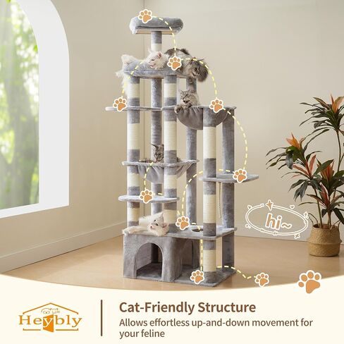 Heybly Heavy Duty Cat Tree, Tower for Indoor Cats Large Adult, Tall Cat Condo House with Extra-Large Baseboard, Multi-Level Plush Furniture with Scratching Posts, Hammock,Toy Balls,Light Gray HCT026W in Kuwait