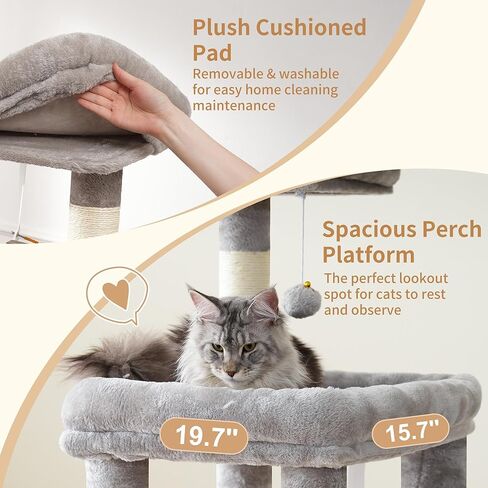 Heybly Heavy Duty Cat Tree, Tower for Indoor Cats Large Adult, Tall Cat Condo House with Extra-Large Baseboard, Multi-Level Plush Furniture with Scratching Posts, Hammock,Toy Balls,Light Gray HCT026W in Kuwait