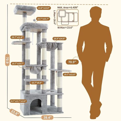 Heybly Heavy Duty Cat Tree, Tower for Indoor Cats Large Adult, Tall Cat Condo House with Extra-Large Baseboard, Multi-Level Plush Furniture with Scratching Posts, Hammock,Toy Balls,Light Gray HCT026W in Kuwait