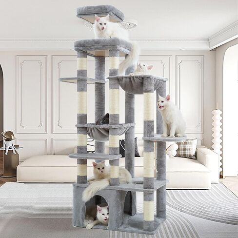 Heybly Heavy Duty Cat Tree, Tower for Indoor Cats Large Adult, Tall Cat Condo House with Extra-Large Baseboard, Multi-Level Plush Furniture with Scratching Posts, Hammock,Toy Balls,Light Gray HCT026W in Kuwait