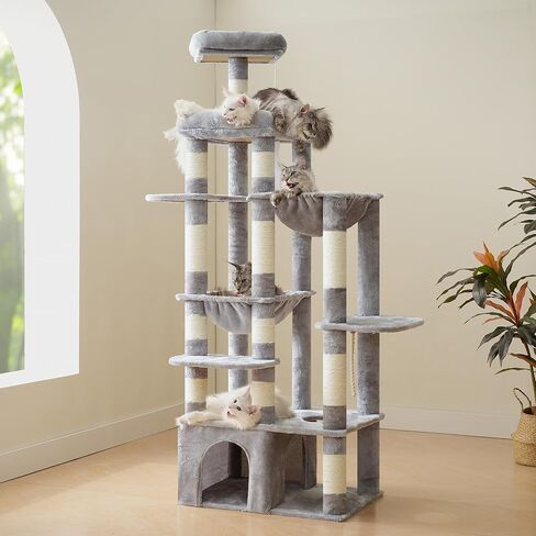 Heybly Heavy Duty Cat Tree, Tower for Indoor Cats Large Adult, Tall Cat Condo House with Extra-Large Baseboard, Multi-Level Plush Furniture with Scratching Posts, Hammock,Toy Balls,Light Gray HCT026W in Kuwait