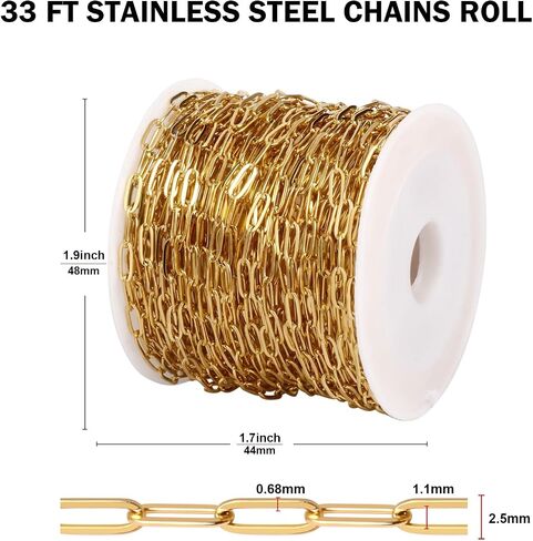 [33FT] 18K Gold Plated Paperclip Chains for Jewelry Making, 2.5mm Wide 304 Stainless Steel Paperclip Link Chain Roll Bulk for DIY Jewelry Making Craft in Saudi Arabia