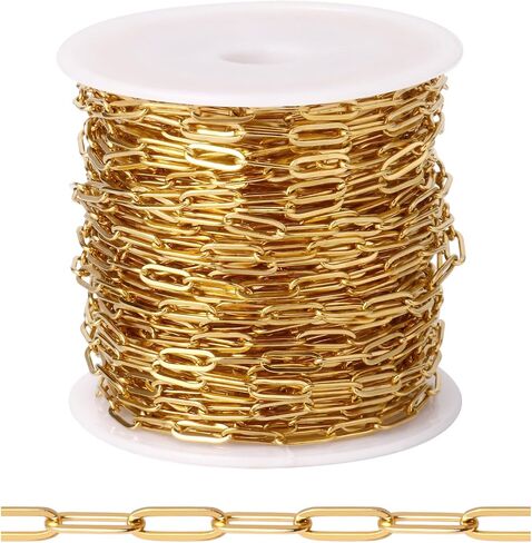 [33FT] 18K Gold Plated Paperclip Chains for Jewelry Making, 2.5mm Wide 304 Stainless Steel Paperclip Link Chain Roll Bulk for DIY Jewelry Making Craft in Saudi Arabia