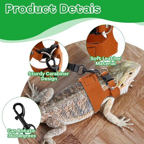 3 Sizes Bearded Dragon Harnesses and Leash Set, Adjustable Soft Leather Lizard Leash Harness Small Animal Walking Vest with Traction Rope for Small Reptiles Squirrel Rat Bearded Dragon Lizard in Kuwait