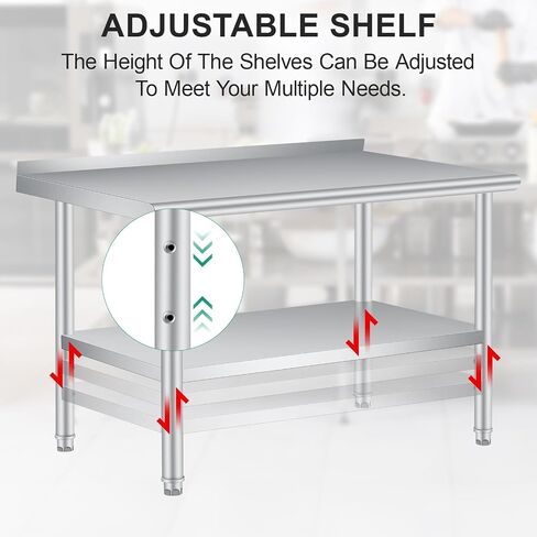 Stainless Steel Table 60x24 Inch - Heavy Duty Commercial Metal Table for Prep & Work with Backsplash & Adjustable Shelf, for Kitchen, Restaurant, Business in Kuwait