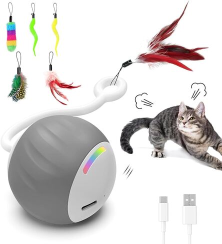 Cat Toys Interactive للقطط الداخلية ، والتحكم الذكي في اللمس والصوت - لعبة كرة قطة بطيئة سريعة الحركة للقطط الملل مع مصابيح LED ، وذيل الريش ، وكابل شحن USB ، 6in1 - رمادي in Kuwait