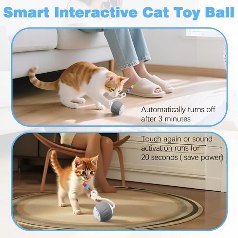 Cat Toys Interactive للقطط الداخلية ، والتحكم الذكي في اللمس والصوت - لعبة كرة قطة بطيئة سريعة الحركة للقطط الملل مع مصابيح LED ، وذيل الريش ، وكابل شحن USB ، 6in1 - رمادي in Kuwait