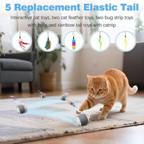 Cat Toys Interactive للقطط الداخلية ، والتحكم الذكي في اللمس والصوت - لعبة كرة قطة بطيئة سريعة الحركة للقطط الملل مع مصابيح LED ، وذيل الريش ، وكابل شحن USB ، 6in1 - رمادي in Kuwait