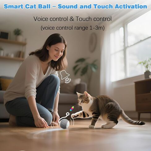Cat Toys Interactive للقطط الداخلية ، والتحكم الذكي في اللمس والصوت - لعبة كرة قطة بطيئة سريعة الحركة للقطط الملل مع مصابيح LED ، وذيل الريش ، وكابل شحن USB ، 6in1 - رمادي in Kuwait