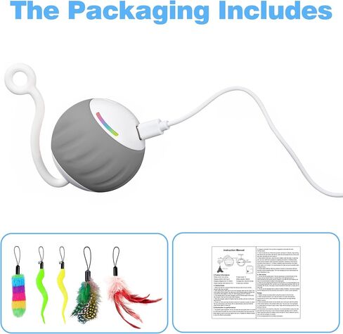 Cat Toys Interactive للقطط الداخلية ، والتحكم الذكي في اللمس والصوت - لعبة كرة قطة بطيئة سريعة الحركة للقطط الملل مع مصابيح LED ، وذيل الريش ، وكابل شحن USB ، 6in1 - رمادي in Kuwait