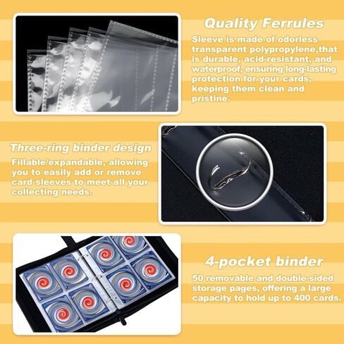 حافظة بطاقات بأربعة جيوب، كتاب مجموعة بطاقات التداول الرياضية يعرض ما يصل إلى 400 بطاقة قياسية، حافظة بطاقات تجارية مع 50 أكمام مزدوجة الجوانب قابلة للتوسيع، هدية للأولاد والبنات - أصفر... in Kuwait